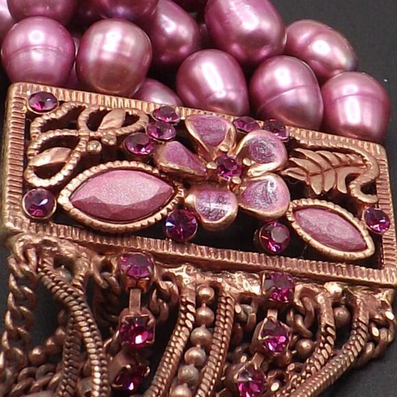 Pink Faux Pearl Floral Rhinestone Bracelet, Six Rows Glass Pearls, 7 Inches - Picture 12 of 14